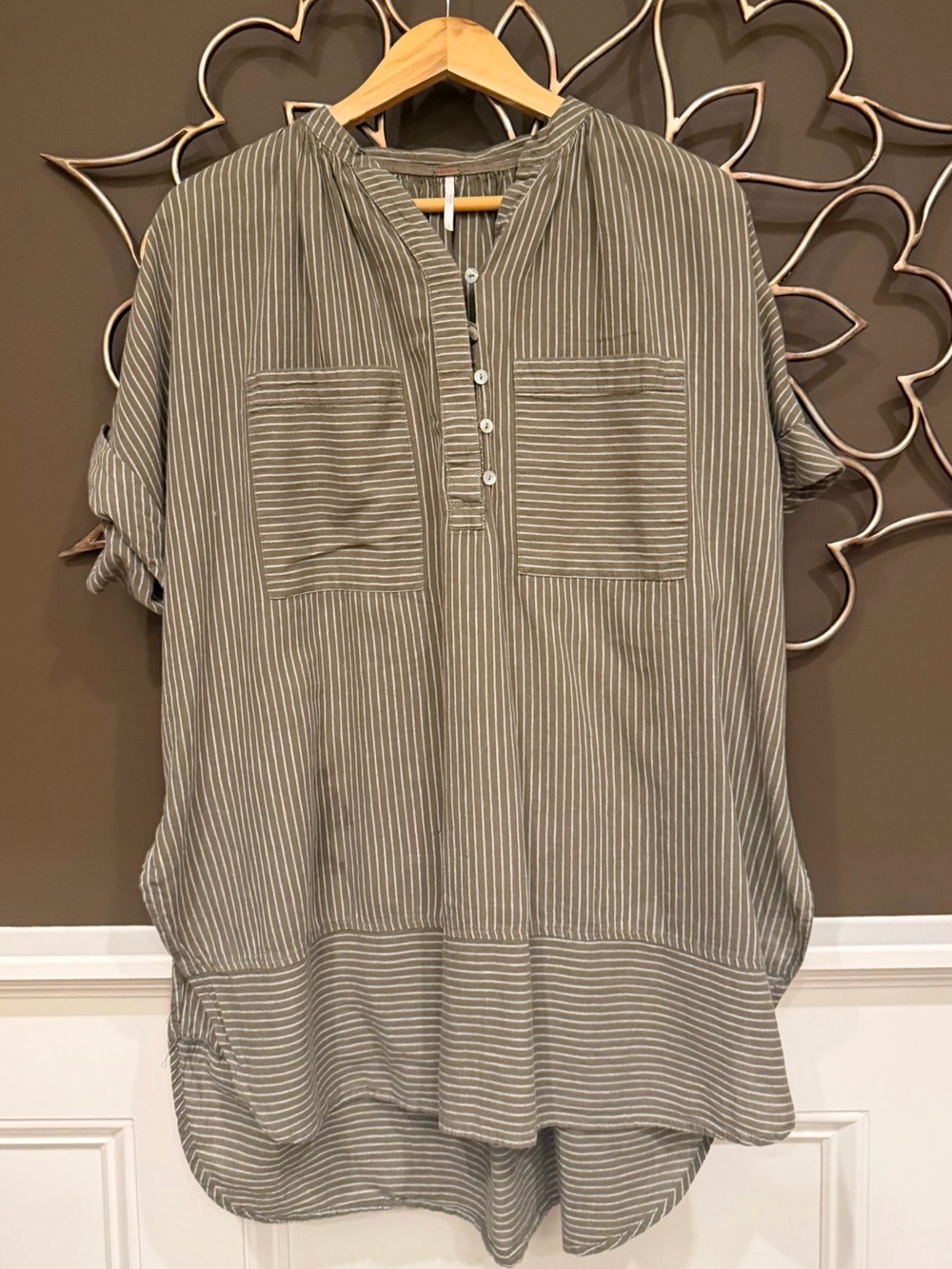 Free People Striped Button Down Pullover Tunic Top in Olive Stripe